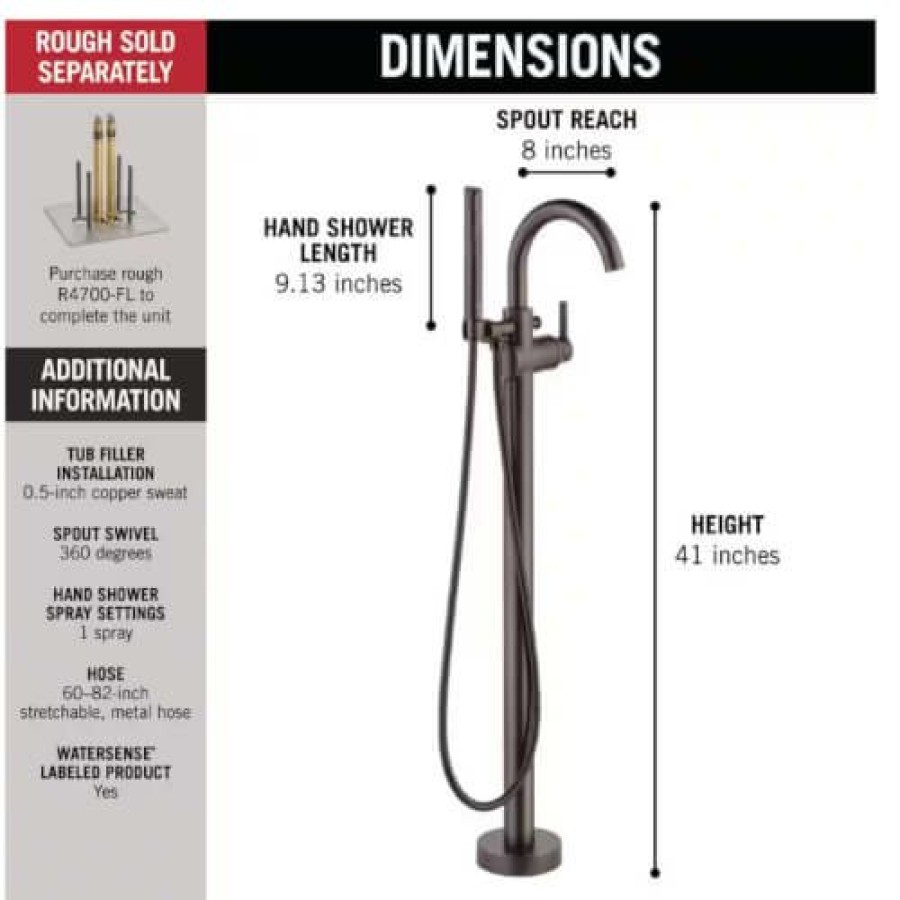 Plumbing Delta Bathtub Faucets | Trinsic Single Handle Floor Mount Tub Filler Trim W/ Hand Shower (Venetian Bronze)