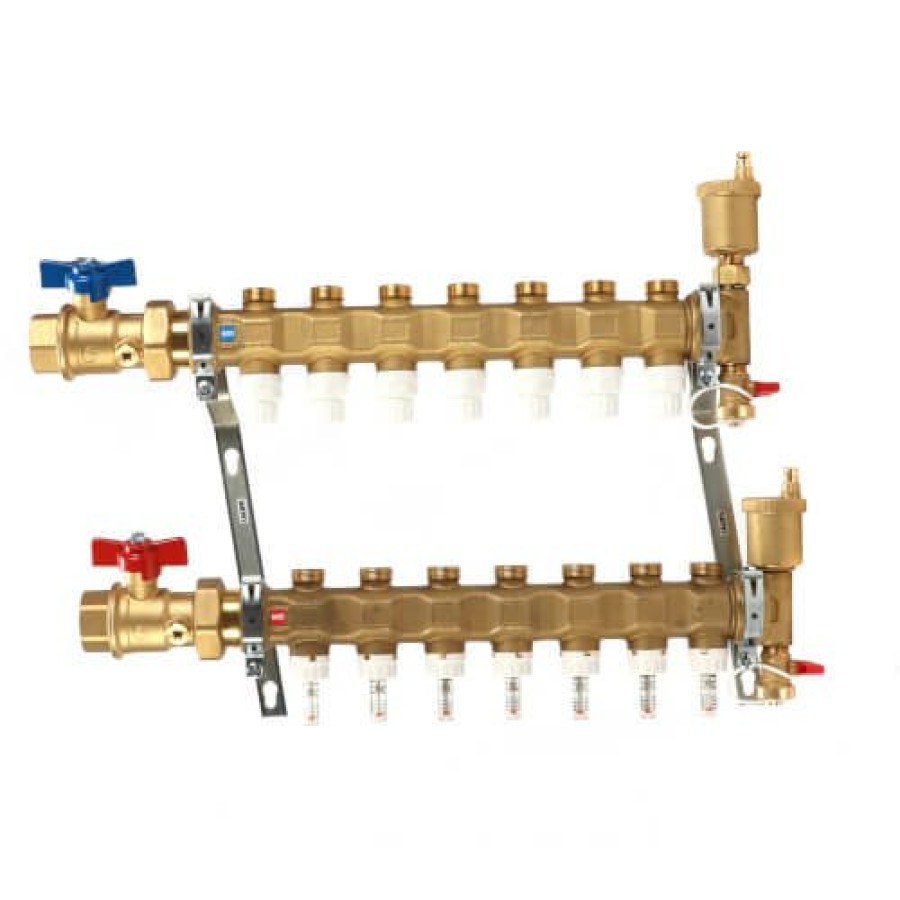 Pex Caleffi Caleffi Manifolds & Accessories | 1" Twistflow Manifold W/ Temp Gauge, Inverted Pex Outlets (7 Outlets)