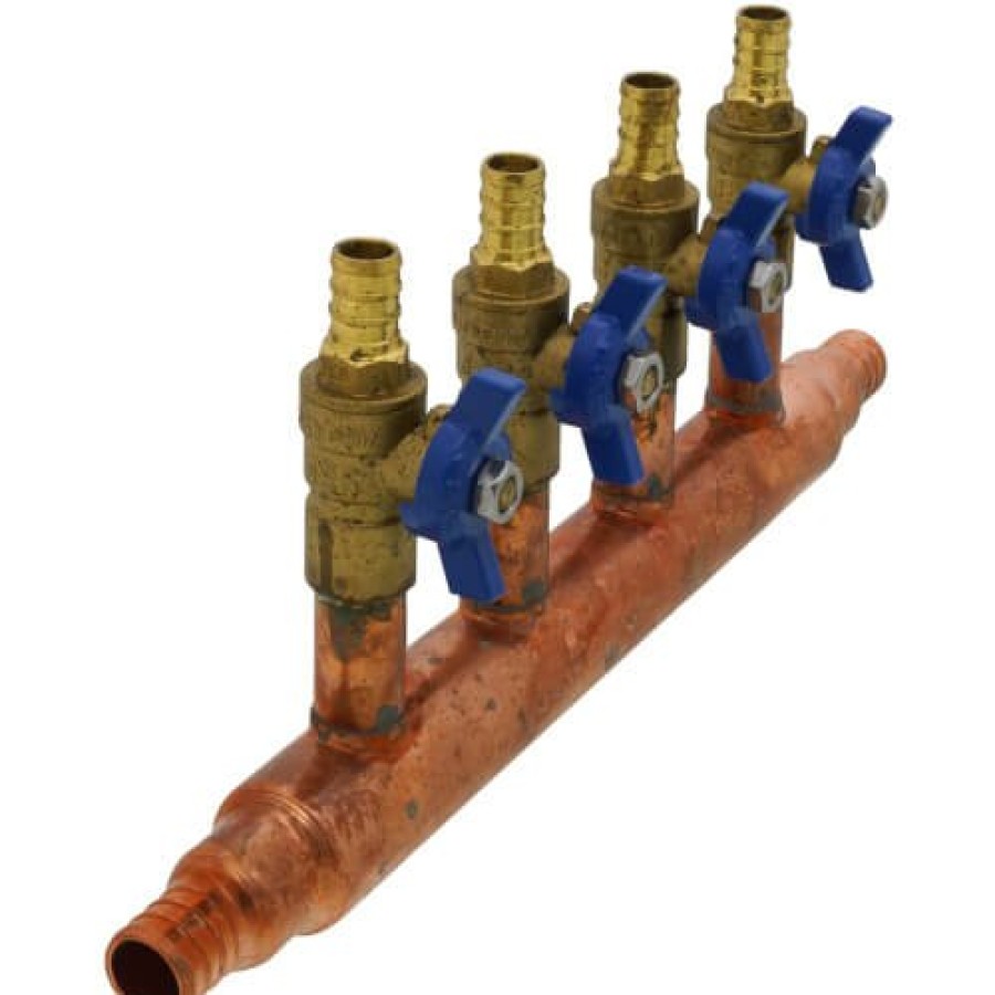 Pex Bluefin Copper Manifolds | 3/4" Pex Crimp Copper Manifold W/ 1/2" Pex Crimp Ball Valves, Lead Free (4 Outlets)