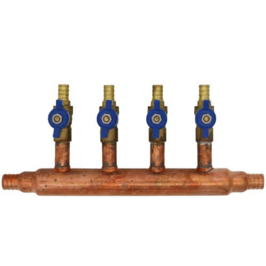 Pex Bluefin Copper Manifolds | 3/4" Pex Crimp Copper Manifold W/ 1/2" Pex Crimp Ball Valves, Lead Free (4 Outlets)