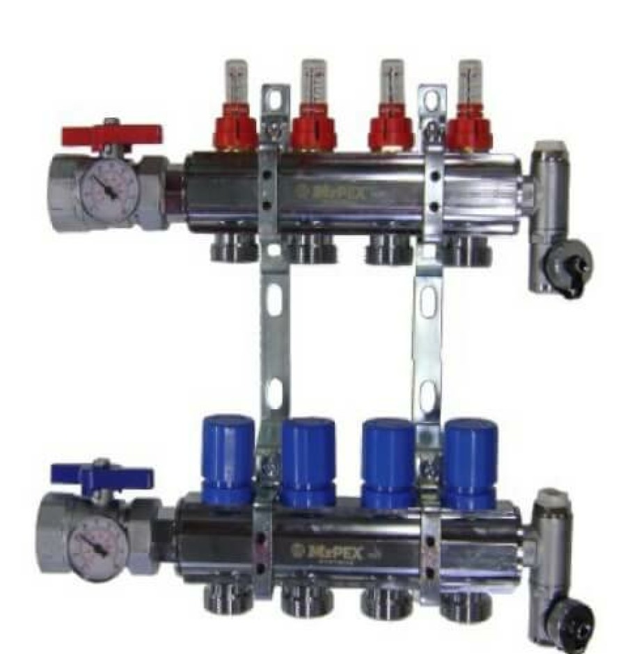 Pex Mr. PEX Mr. Pex Manifolds | 4 Loop 1-1/2" Chrome Plated Brass Manifold W/ Flowmeter & Ball Valve (Fully Assembled)