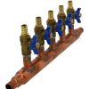 Pex Bluefin Copper Manifolds | 3/4" Pex Crimp Copper Manifold W/ 1/2" Pex Crimp Ball Valves, Lead Free (5 Outlets)