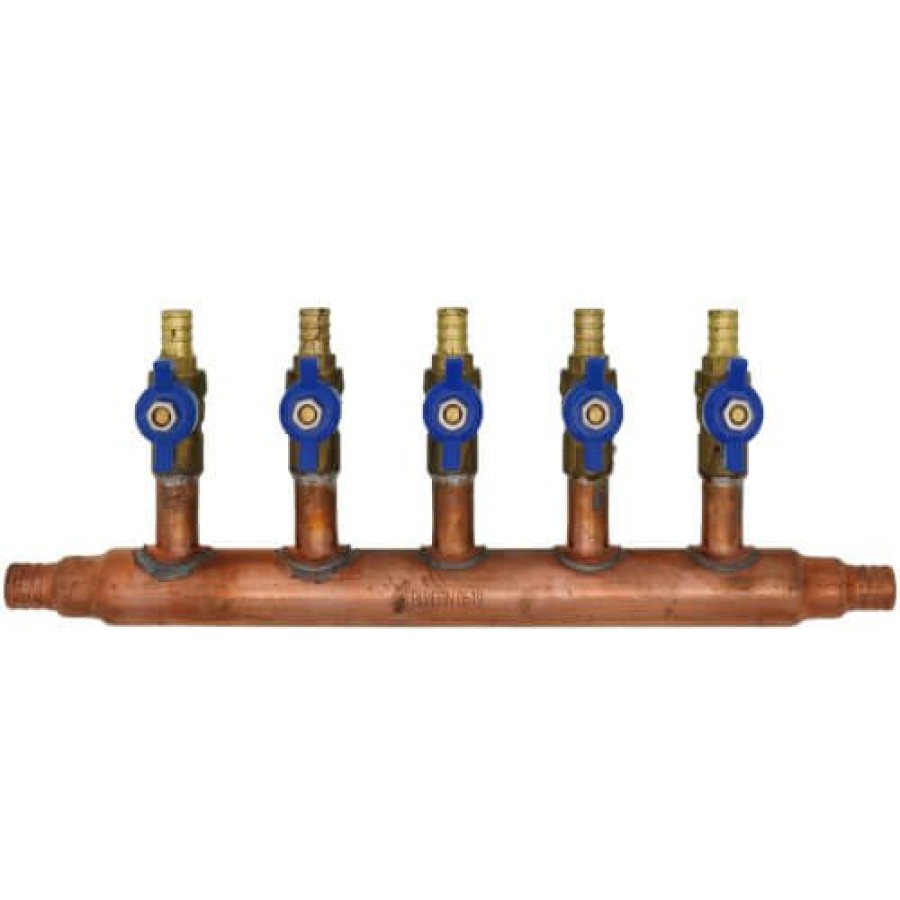 Pex Bluefin Copper Manifolds | 3/4" Pex Crimp Copper Manifold W/ 1/2" Pex Crimp Ball Valves, Lead Free (5 Outlets)