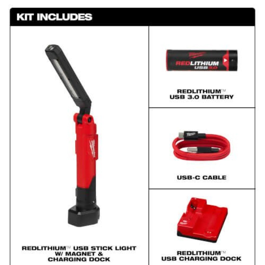 Plumbing Milwaukee Work Lights And Flashlights | Redlithium Usb Stick Light W/ Magnet And Charging Dock