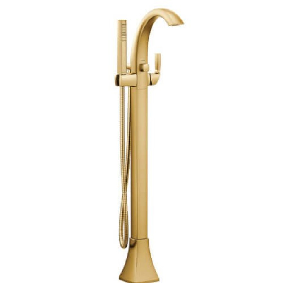 Plumbing Moen Bathtub Faucets | Voss Single Handle Floor Mounted Tub Filler W/ Hand Shower (Brushed Gold)