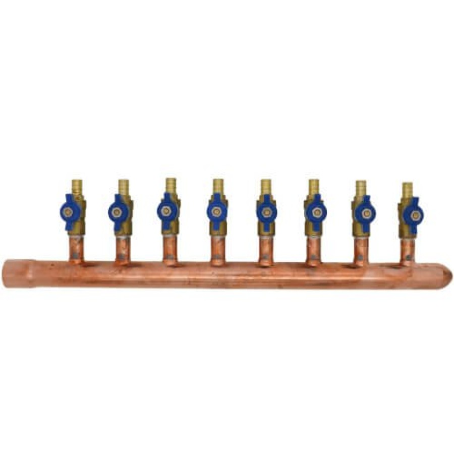 Pex Bluefin Copper Manifolds | 1" Female Sweat X Spin Closed (Right) Copper Manifold, 1/2" Pex Crimp Ball Valves, Lead Free (8 Outlets)