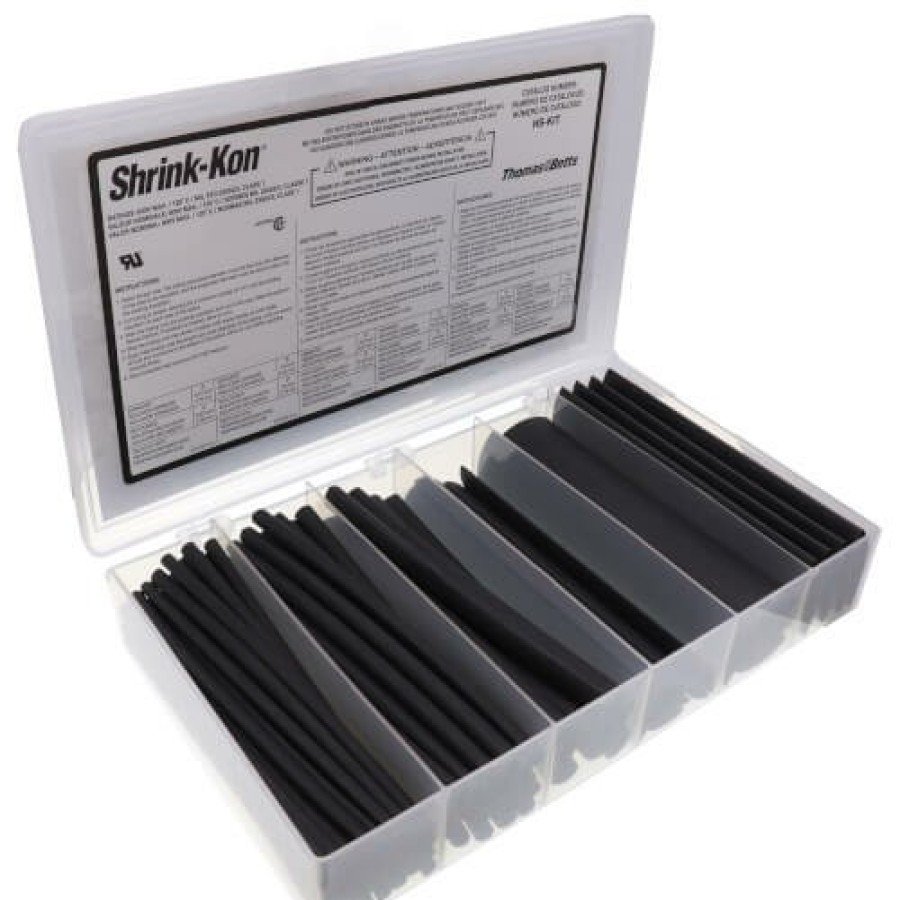 Electrical T&B Heat Shrink Kits | 3/16" - 1" Thin-Wall Heat Shrinkable Black Tubing Assortment W/ Plastic Storage Case