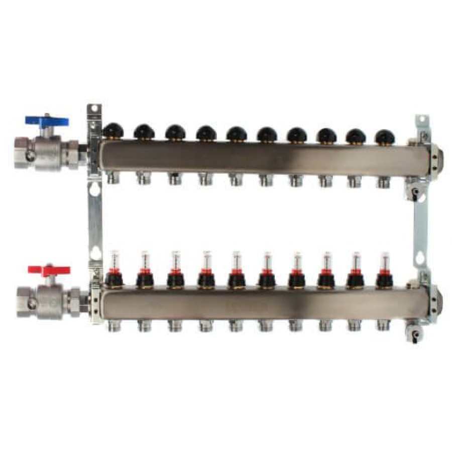 Pex Uponor (Wirsbo) Uponor Stainless Steel Manifolds | 10-Loop 1-1/4" Stainless Steel Radiant Heat Manifold Assembly W/ Flow Meter