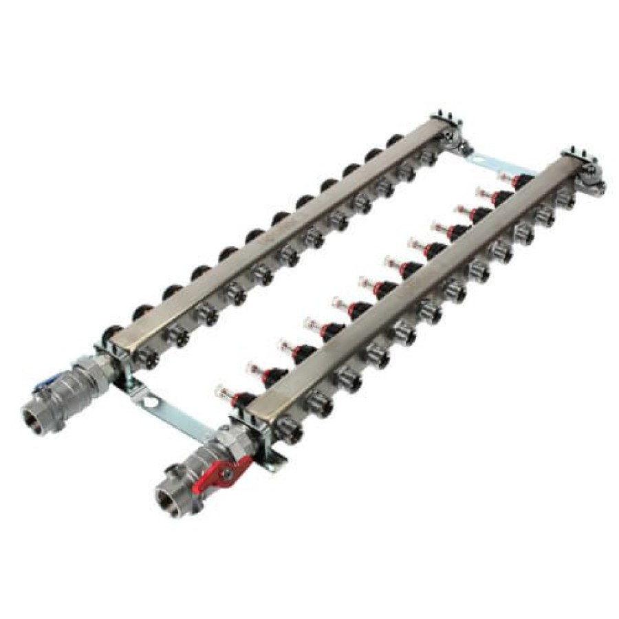 Pex Uponor (Wirsbo) Uponor Stainless Steel Manifolds | 12-Loop 1" Stainless Steel Radiant Heat Manifold Assembly W/ Flow Meter