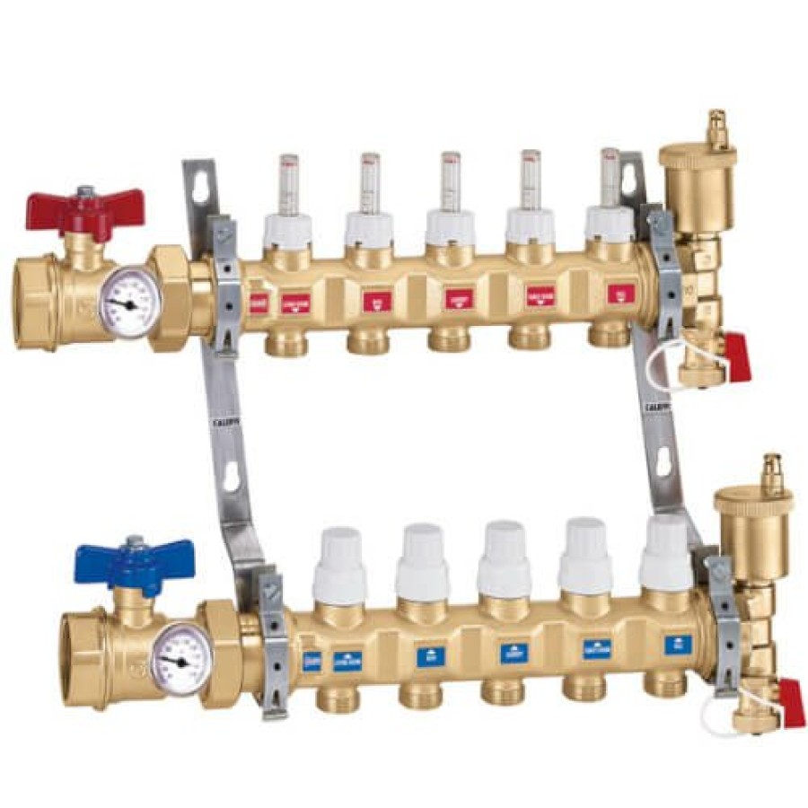 Pex Caleffi Caleffi Manifolds & Accessories | 1" Inverted Twistflow Manifold W/ Temp Gauge (10 Outlets)