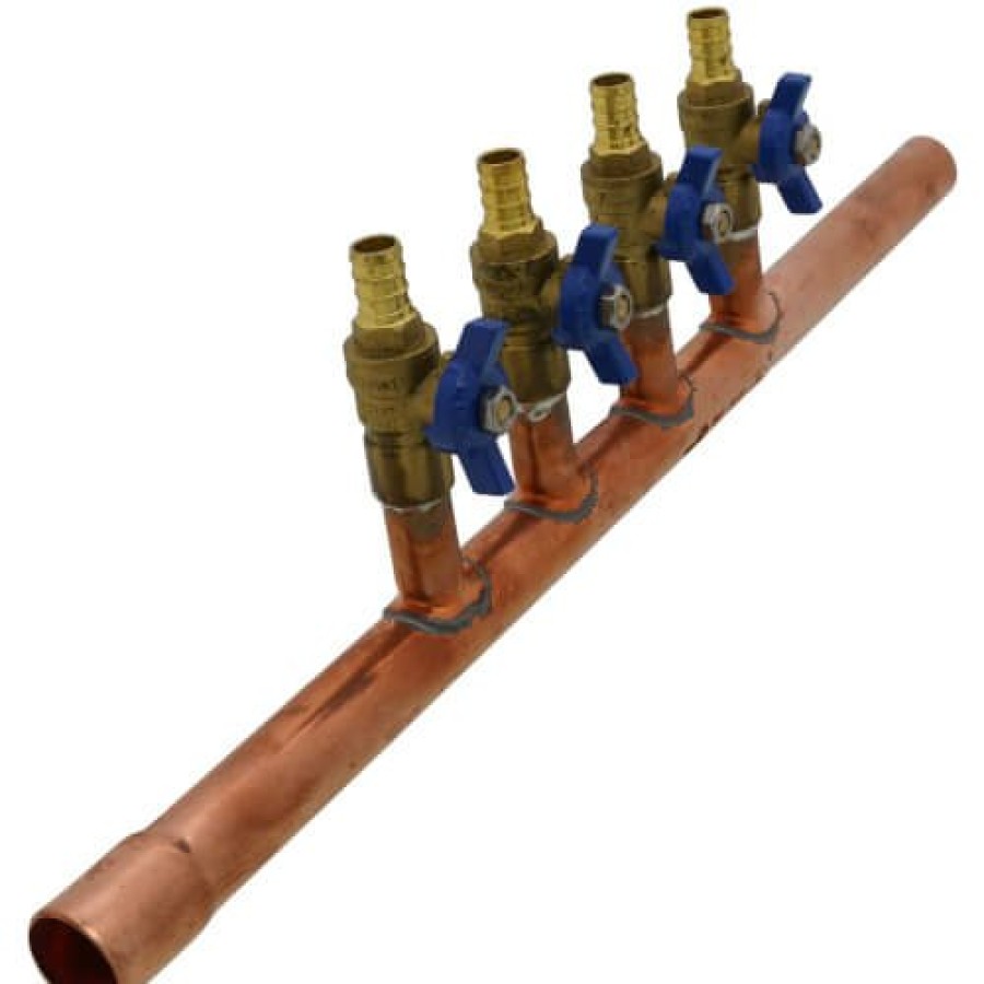 Pex Bluefin Copper Manifolds | 3/4" M. Sweat X F. Sweat Copper Manifold W/ Extended Trunk, 1/2" Pex Crimp Ball Valves, Lead Free (4 Outlets)