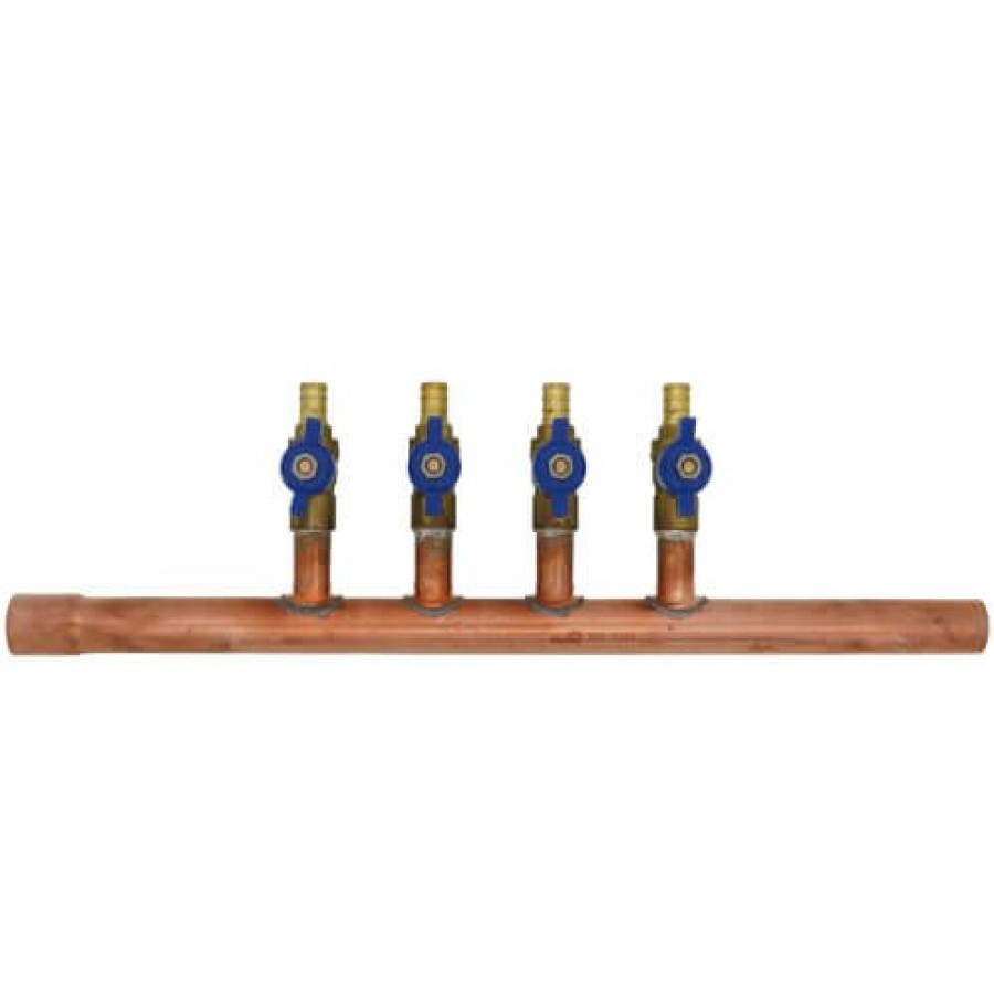 Pex Bluefin Copper Manifolds | 3/4" M. Sweat X F. Sweat Copper Manifold W/ Extended Trunk, 1/2" Pex Crimp Ball Valves, Lead Free (4 Outlets)