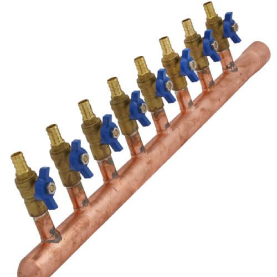 Pex Bluefin Copper Manifolds | 1" Female Sweat X Spin Closed (Left) Copper Manifold, 1/2" Pex Crimp Ball Valves, Lead Free (8 Outlets)