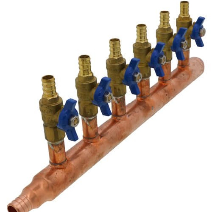 Pex Bluefin Copper Manifolds | 3/4" Pex Crimp X Closed Copper Manifold, W/ 1/2" Pex Crimp Ball Valves, Lead Free (6 Outlets)