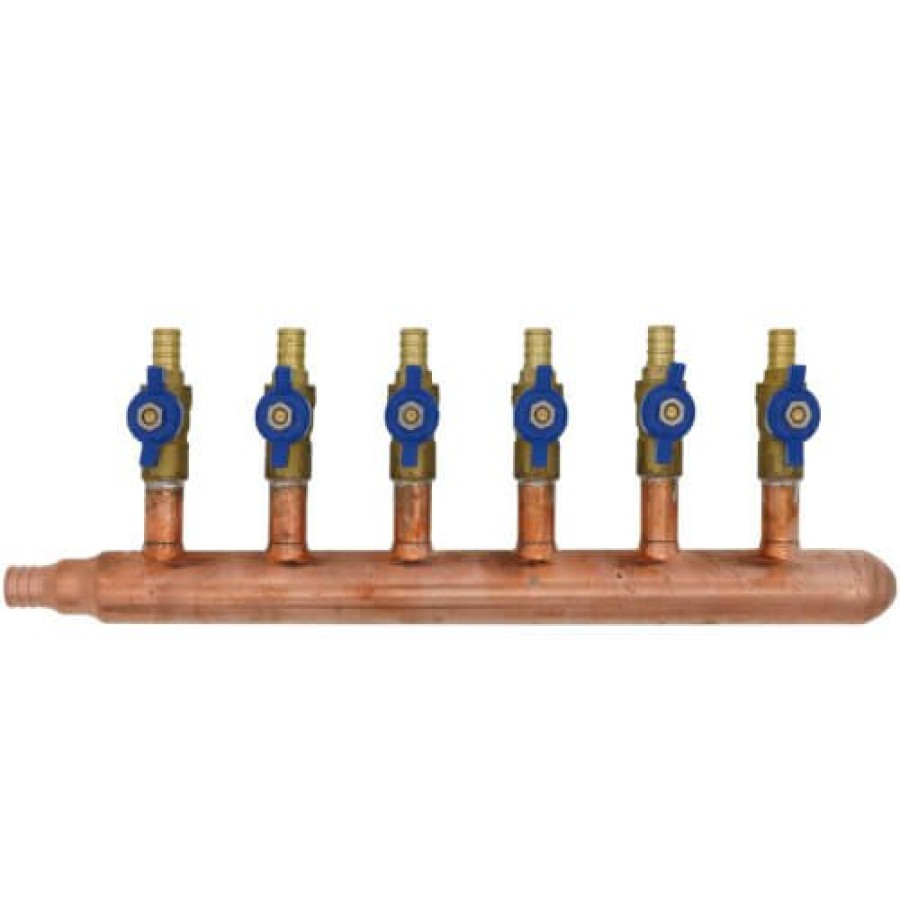 Pex Bluefin Copper Manifolds | 3/4" Pex Crimp X Closed Copper Manifold, W/ 1/2" Pex Crimp Ball Valves, Lead Free (6 Outlets)