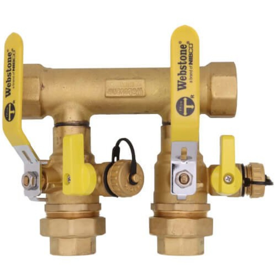 Heating Webstone Hydro-Core Manifolds | 1-1/4" Fip X 1" Hydro-Core Double Ball Drain Valve Kit W/ (2) 3/4" Ips Union Connections