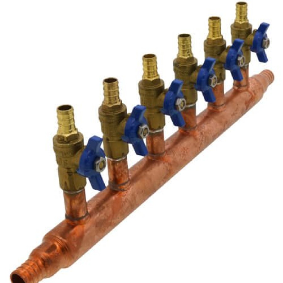 Pex Bluefin Copper Manifolds | 3/4" Pex Crimp Copper Manifold W/ 1/2" Pex Crimp Ball Valves, Lead Free (6 Outlets)