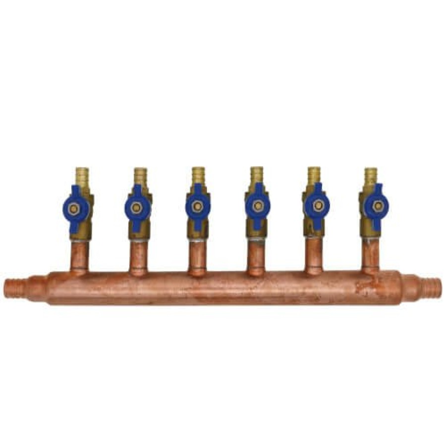 Pex Bluefin Copper Manifolds | 3/4" Pex Crimp Copper Manifold W/ 1/2" Pex Crimp Ball Valves, Lead Free (6 Outlets)