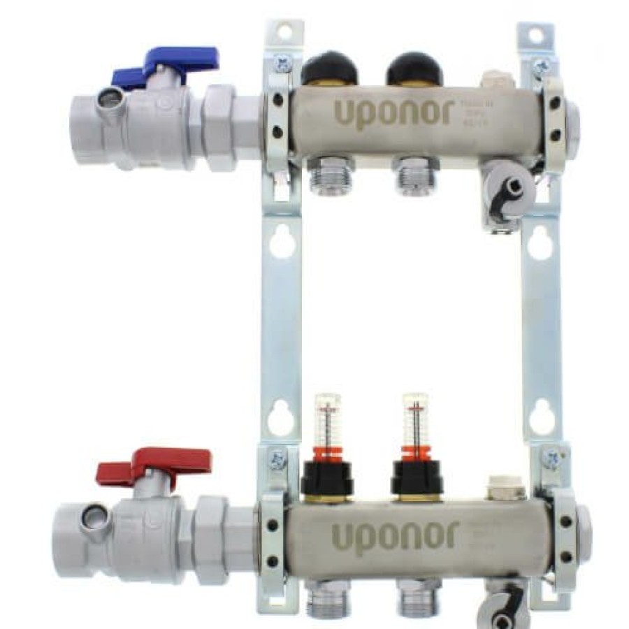 Pex Uponor (Wirsbo) Uponor Stainless Steel Manifolds | 2-Loop 1" Stainless Steel Radiant Heat Manifold Assembly W/ Flow Meter