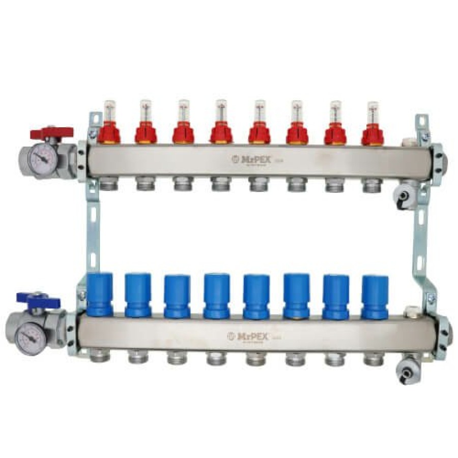 Pex Mr. PEX Mr. Pex Manifolds | 8 Loop 1-1/4" Stainless Steel Manifold W/ Flowmeter & Ball Valve (Fully Assembled)