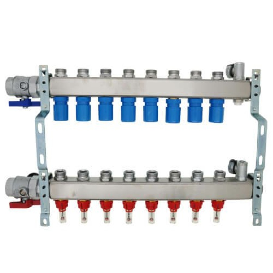 Pex Mr. PEX Mr. Pex Manifolds | 8 Loop 1-1/4" Stainless Steel Manifold W/ Flowmeter & Ball Valve (Fully Assembled)