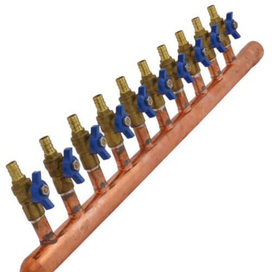 Pex Bluefin Copper Manifolds | 1" Female Sweat X Spin Closed (Left) Copper Manifold, 1/2" Pex Crimp Ball Valves, Lead Free (10 Outlets)