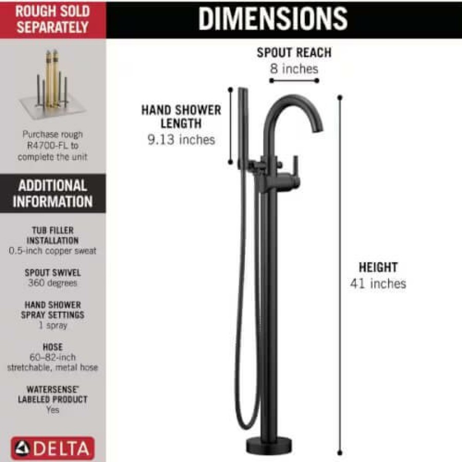 Plumbing Delta Bathtub Faucets | Trinsic Single Handle Floor Mount Tub Filler Trim W/ Hand Shower (Matte Black)