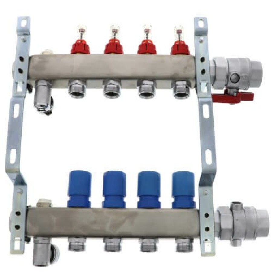 Pex Mr. PEX Mr. Pex Manifolds | 4 Loop 1-1/4" Stainless Steel Manifold W/ Flowmeter & Ball Valve (Fully Assembled)