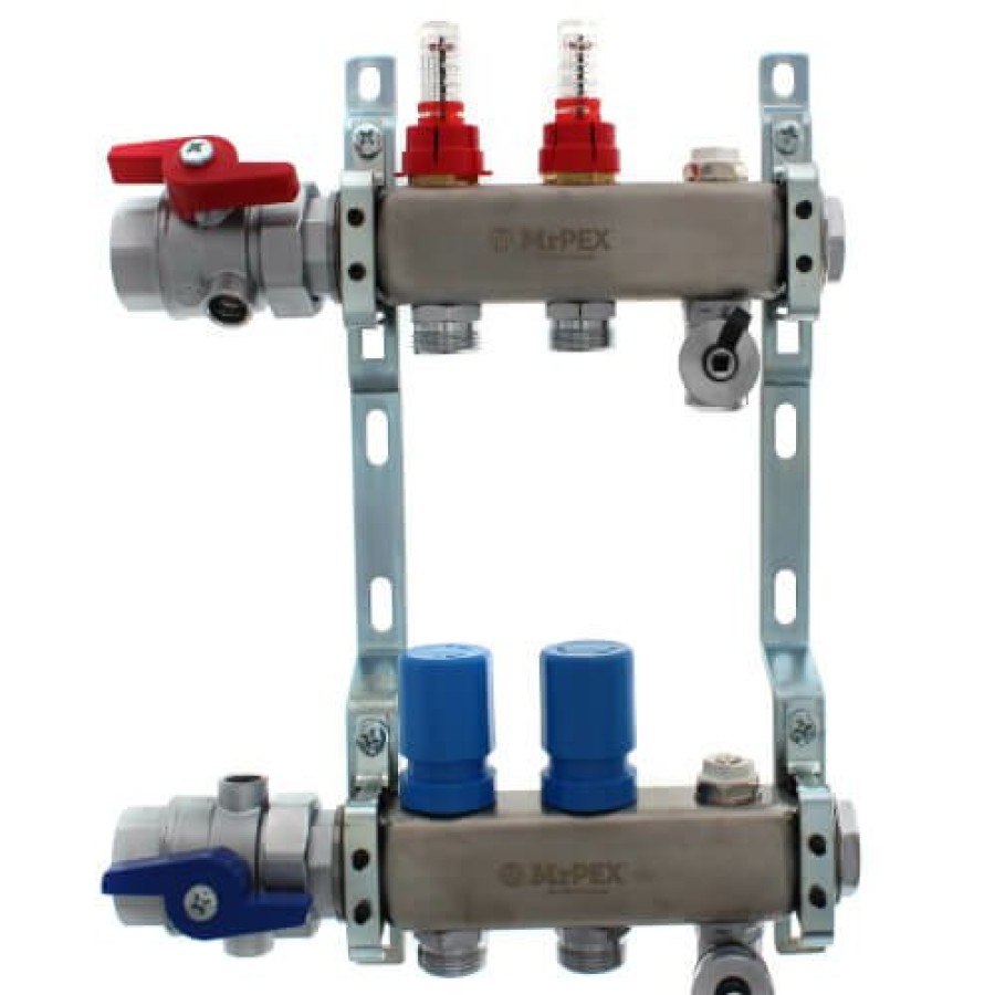 Pex Mr. PEX Mr. Pex Manifolds | 2 Loop 1-1/4" Stainless Steel Manifold W/ Flowmeter & Ball Valve (Fully Assembled)