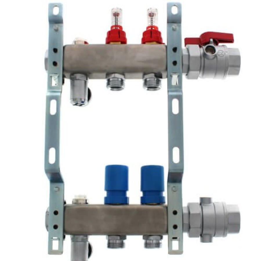 Pex Mr. PEX Mr. Pex Manifolds | 2 Loop 1-1/4" Stainless Steel Manifold W/ Flowmeter & Ball Valve (Fully Assembled)