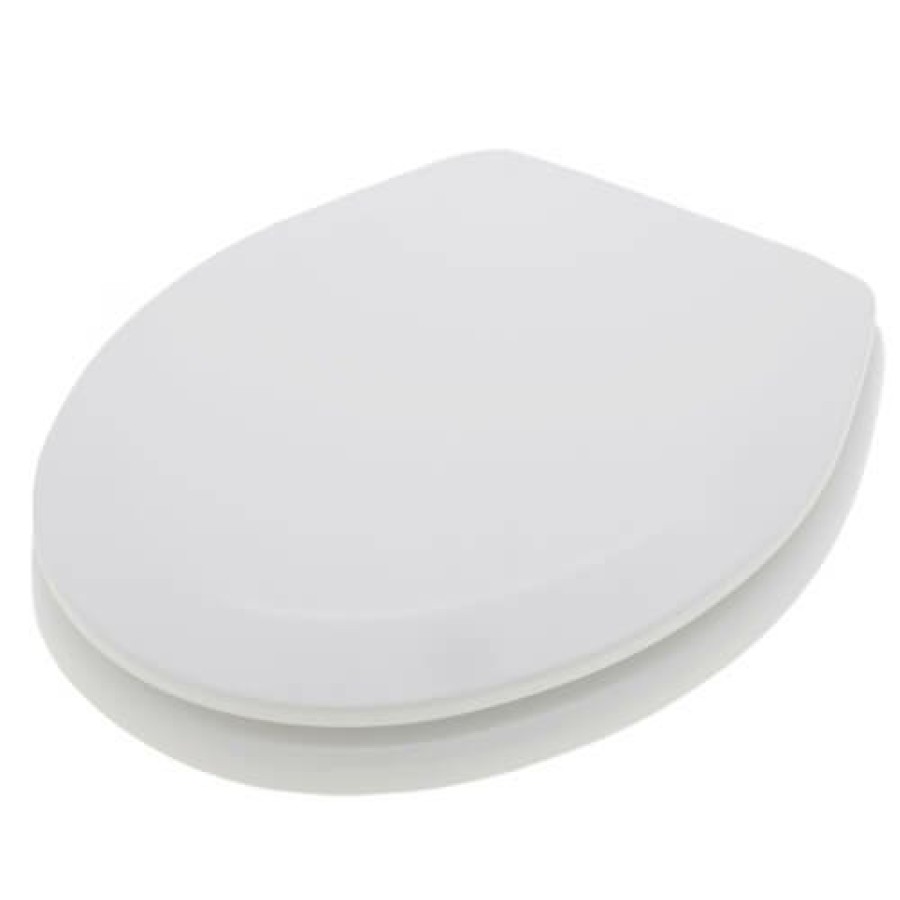 Plumbing Jones Stephens Toilet Seats | Deluxe Molded Round Wood Toilet Seat W/ Brushed Nickel Hinges - White