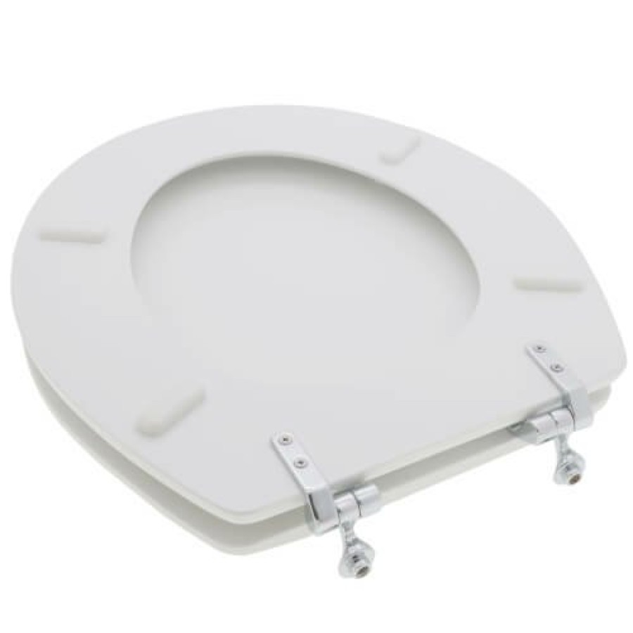 Plumbing Jones Stephens Toilet Seats | Deluxe Molded Round Wood Toilet Seat W/ Brushed Nickel Hinges - White