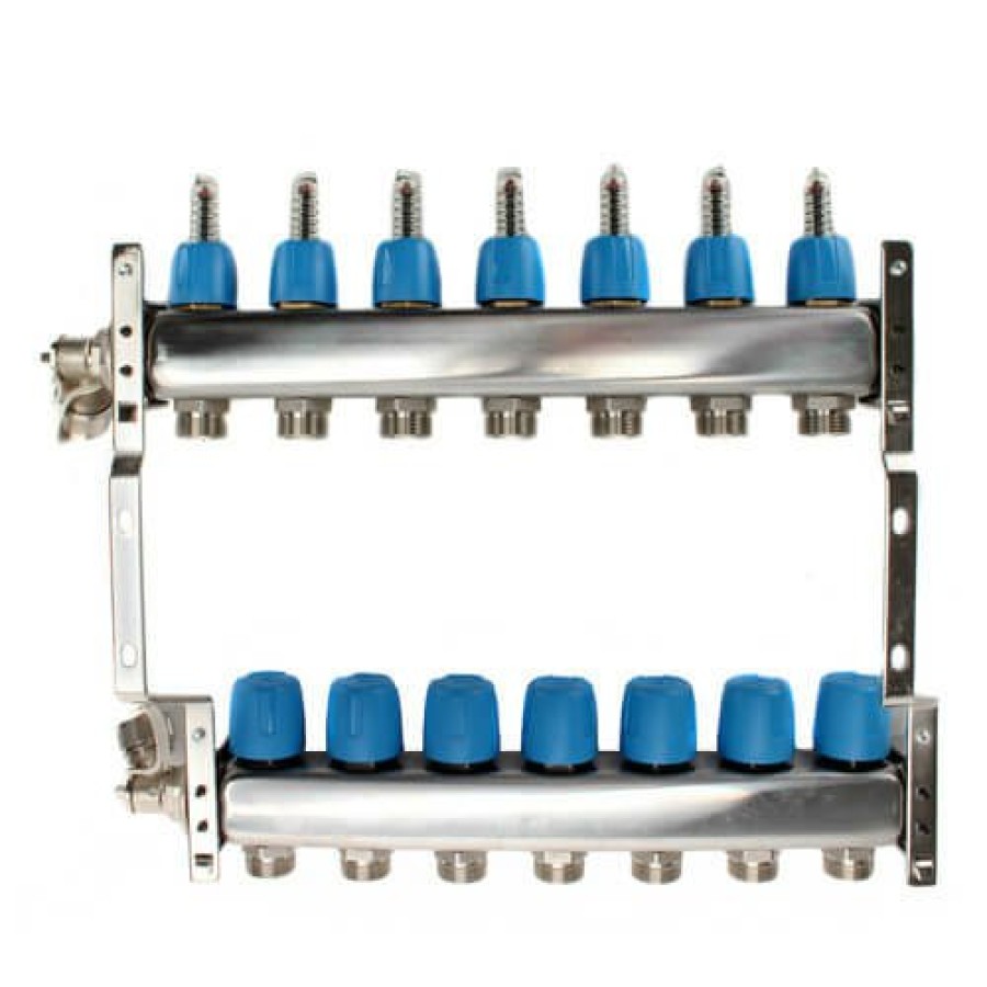 Pex Mr. PEX Mr. Pex Manifolds | 7 Loop 1-1/4" Stainless Steel Manifold W/ Flowmeter & Ball Valve (Fully Assembled)