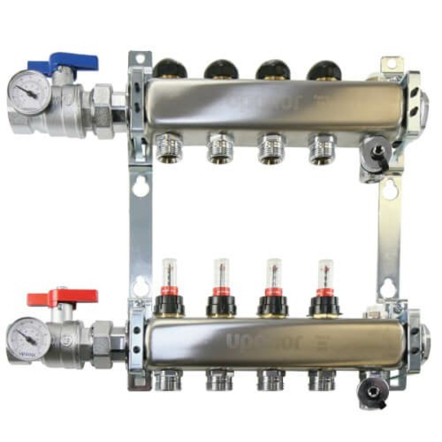 Pex Uponor (Wirsbo) Uponor Stainless Steel Manifolds | 4-Loop 1" Stainless Steel Radiant Heat Manifold Assembly W/ Flow Meter