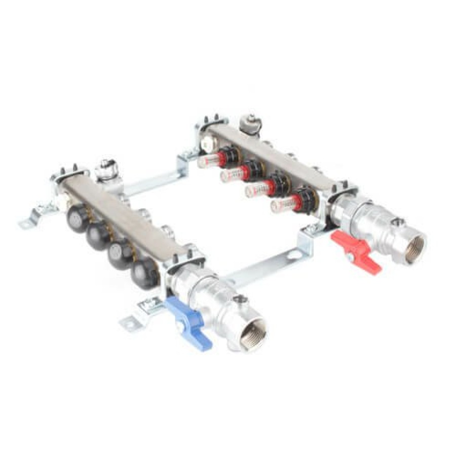 Pex Uponor (Wirsbo) Uponor Stainless Steel Manifolds | 4-Loop 1" Stainless Steel Radiant Heat Manifold Assembly W/ Flow Meter