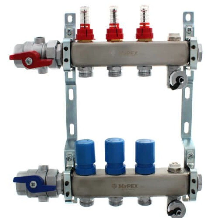 Pex Mr. PEX Mr. Pex Manifolds | 3 Loop 1-1/4" Stainless Steel Manifold W/ Flowmeter & Ball Valve (Fully Assembled)