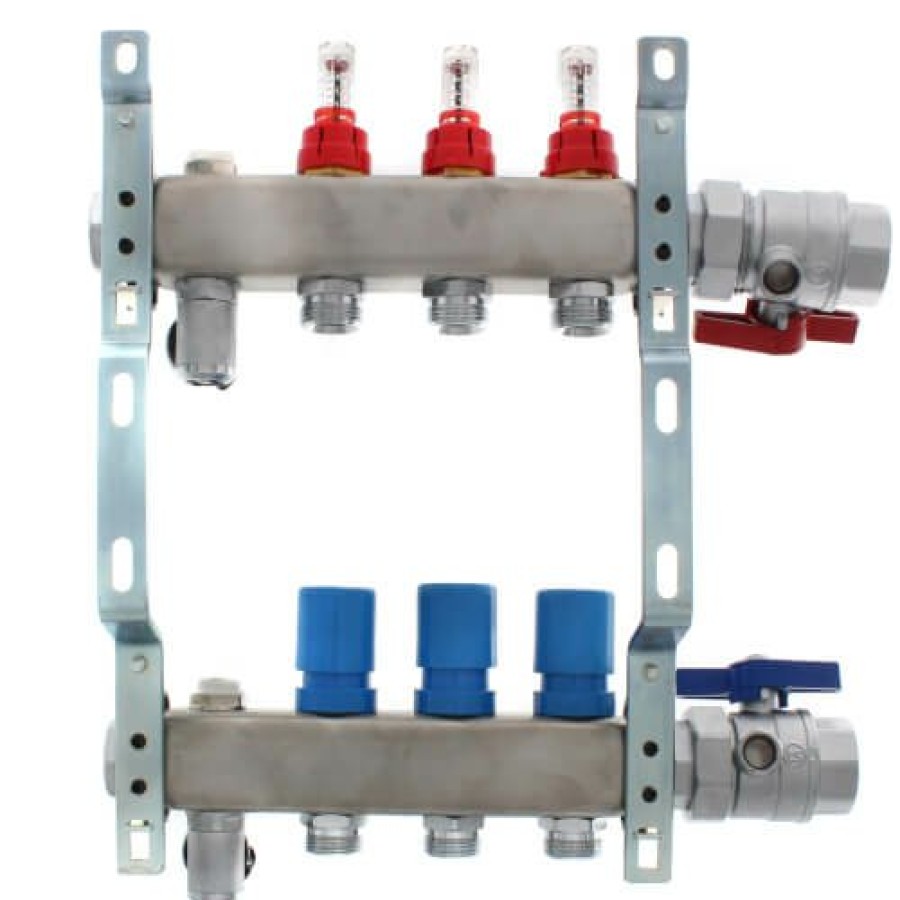 Pex Mr. PEX Mr. Pex Manifolds | 3 Loop 1-1/4" Stainless Steel Manifold W/ Flowmeter & Ball Valve (Fully Assembled)