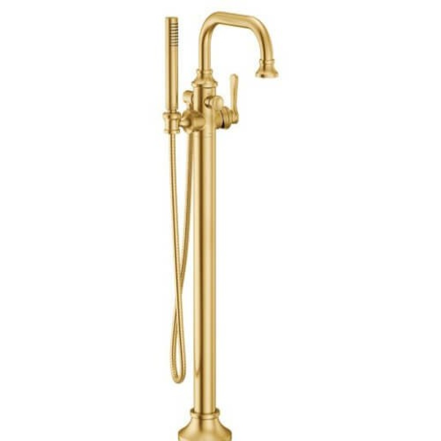 Plumbing Moen Bathtub Faucets | Colinet Single Handle Floor Mounted Tub Filler W/ Hand Shower (Brushed Gold)