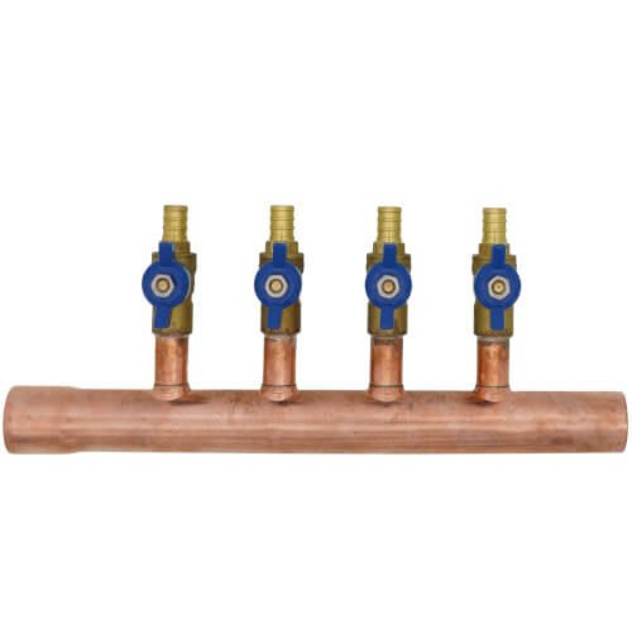 Pex Bluefin Copper Manifolds | 1" Male Sweat X Female Sweat Copper Manifold W/ 1/2" Pex Crimp Ball Valves, Lead Free (4 Outlets)