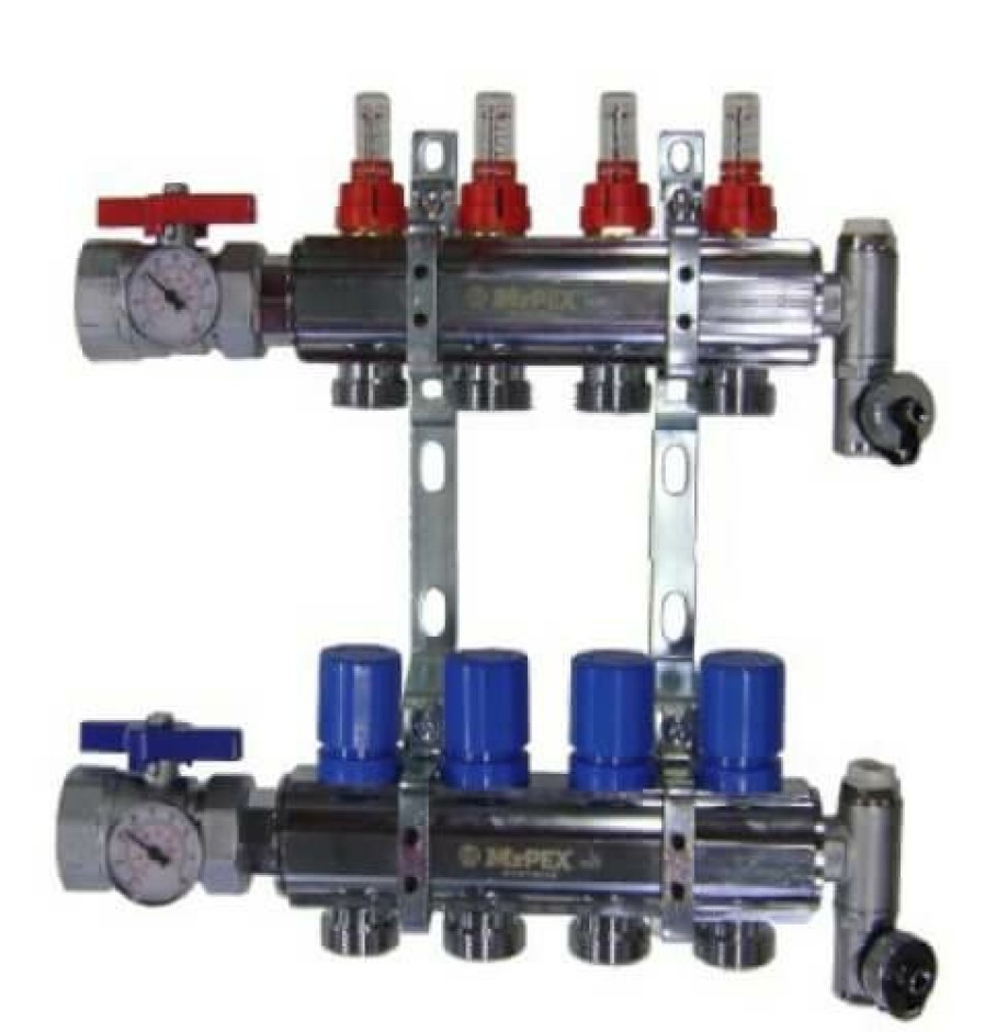 Pex Mr. PEX Mr. Pex Manifolds | 5 Loop 1-1/2" Chrome Plated Brass Manifold W/ Flowmeter & Ball Valve (Fully Assembled)